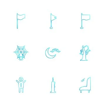 Candle , sofa , flags , hearts , camera , favourite , flag , eps icons set ve Ilustração Stock