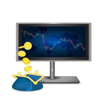 Candle stick graph chart in display and wallet with falling money. Stock Illustration