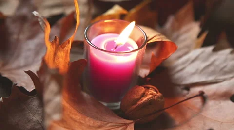 Candle surrounded by leaves that  with a gust of wind comes off Stock-Footage 55846491