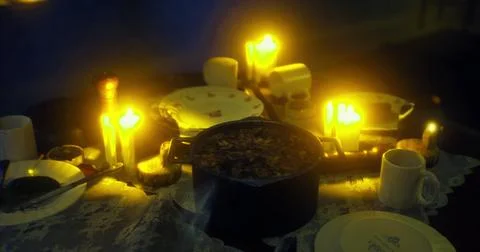 Candlelight dinner featuring special dish on a rustic table at night Stock Illustration