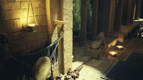 Candlelit balustrade protected by vigilant stone lion statues Stock Footage 342425359