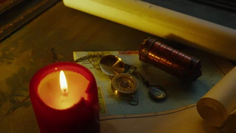 Candlelit Cryptex on Map, Mystery Puzzle and Secret Code Breaking Scene Stock Footage 334084116