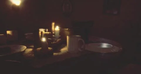 Candlelit dining experience in a rustic setting during evening hours Stock Illustration
