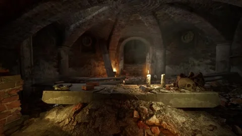 Candlelit Gothic Crypt with Skulls and Firelight, Seamless Horror Loop Stock Footage 341848825
