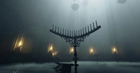 Candlelit interior of an ancient hall with mist and gothic architecture Stock Illustration