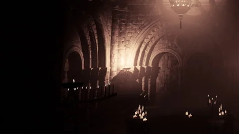 Candlelit space inside an ancient stone structure with arches and shadows Stock Footage 344867534