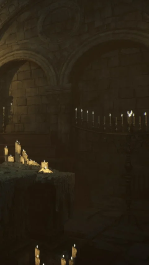 Candles and dim light in an ancient stone room with simple design Stock Footage 334173481