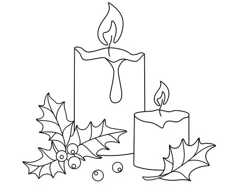 Candles and holly - vector linear illustration for coloring. Outline. Stock Illustration