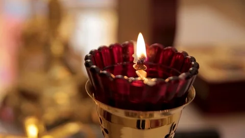 Candles and lamp close-up. Interior Of Orthodox Church In Easter. baby Stock Footage 90134411