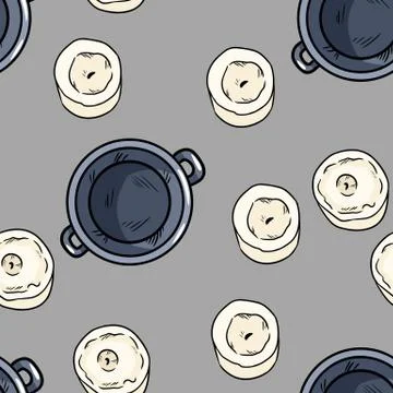 Candles and magic cauldrons comic style doodles top view seamless pattern. Co Stock Illustration