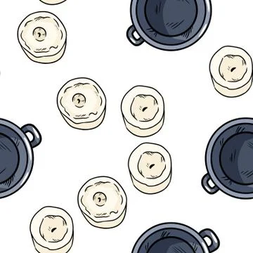Candles and magic cauldrons comic style doodles top view seamless pattern. Ve Stock Illustration
