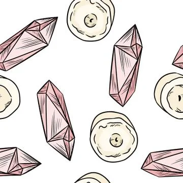 Candles and pink quartz crystals comic style doodles top view seamless patter Stock Illustration