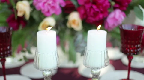 Candles and wedding table decorations close-up. Steadicam shot Stock Footage 50976856