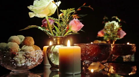 Candles, candy, flowers on the table Stock Footage 41303777