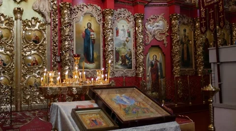 Candles in Cathedral Mgar Savior-Transfiguration Monastery Day of Mary's Icon Stock Footage 58000270