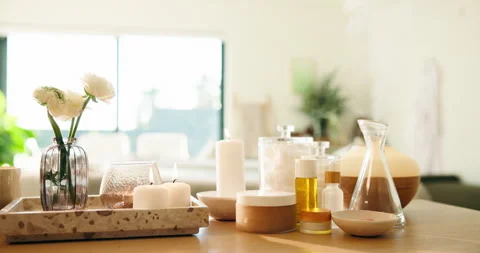 Candles, essential oil and spa setup for aromatherapy, cosmetic care and Stock Footage 346294167