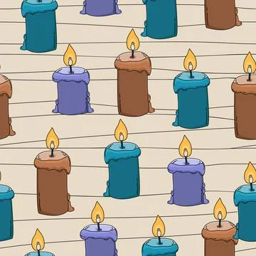 Candles hand drawn seamless pattern with lines on background. Illustrazione stock