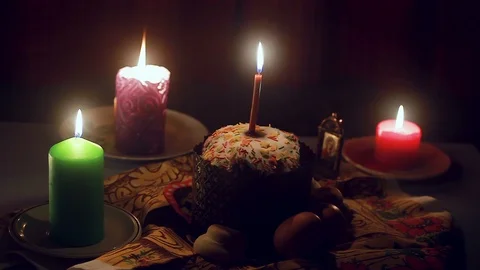 Candles Kulich Eggs, Russian Easter table in the dark Video stock 114251250