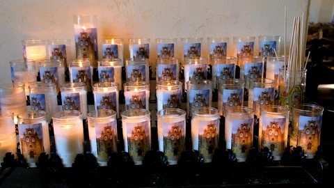Candles lit inside Mission Espada Video stock 103538981