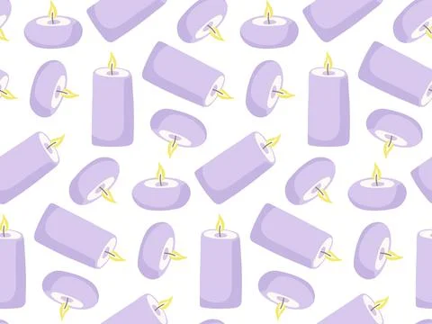 Candles seamless pattern. Burning purple candles, cylindrical and round. Hygge Stock Illustration