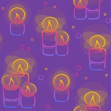 Candles seamless pattern in color line on purple background. Hanukkah symbol in Stock Illustration