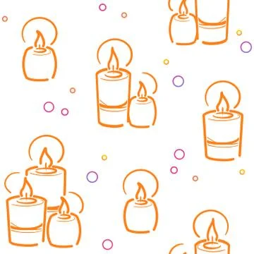 Candles seamless pattern in yellow line on white background. Textile design Stock Illustration