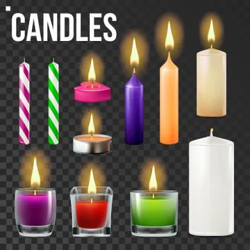 Candles Set . Different Types Of Paraffin, Wax Burning Candles. Classic, Glass Stock Illustration