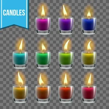 Candles Set Vector. Glass Jar. Christmas Lighter. Wax Design. Romantic Object Stock Illustration