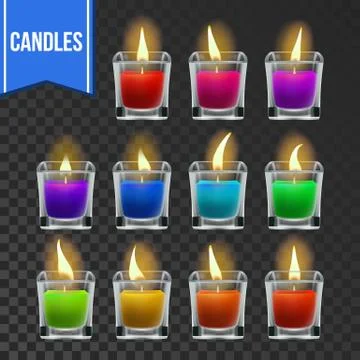 Candles Set Vector. Glass Jar. Christmas Lighter. Wax Design. Romantic Object Stock Illustration