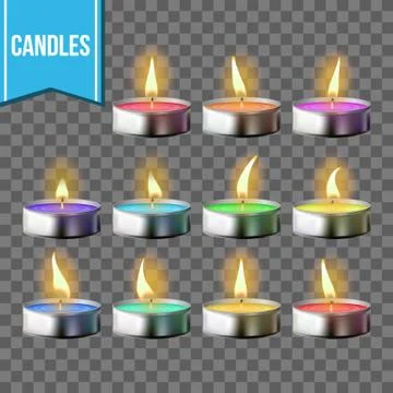 Candles Set Vector. Tea light Metal Cup. Transparent Background. Isolated 스톡 일러스트