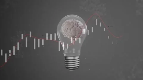 Candles sliding from left, clear bulb with rotating brain staying centered, Stock Footage 328418135