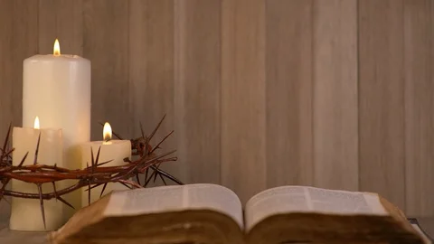 Candles Surrounded by Crown of Thorns and open Bible. Communion Stock-Footage 128713099