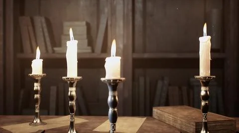 Candles on the table of an alchemist in a medieval ancient castle. 3D Rendering. Stock Illustration