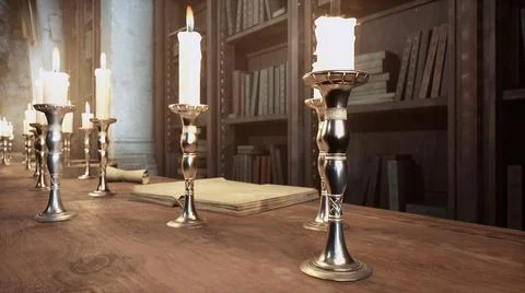 Candles on the table of an alchemist in a medieval ancient castle. 3D Rendering. Stock Illustration