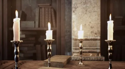 Candles on the table of an alchemist in a medieval ancient castle. 3D Rendering. Stock Illustration
