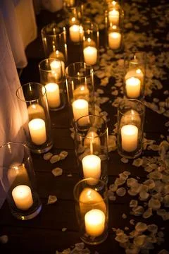 Candles on the table at the wedding party Stock Photos