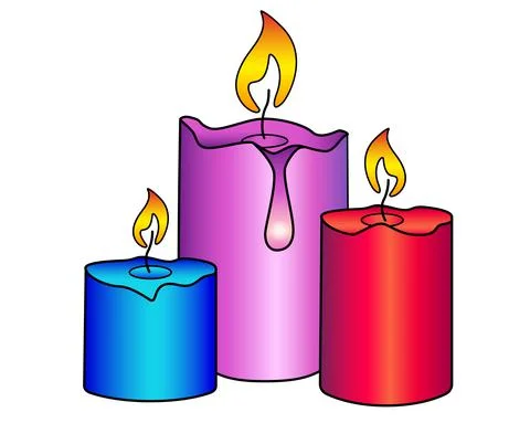 Candles. Three multi-colored, wax, holiday candles of different sizes are burnin Stock Illustration