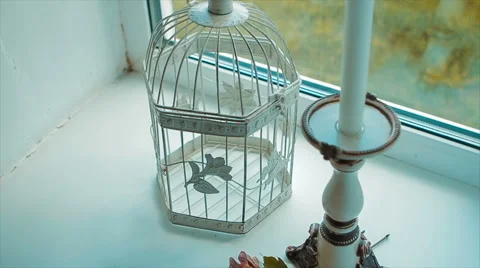 Candlestick and Bird Cage Stands on Windowsill Stock Footage 68689973