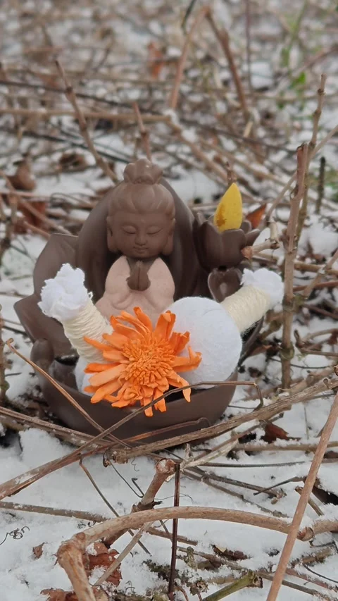 Candlestick with a burning candle on the snow, beautiful decor, bright details Stock Footage 324993782
