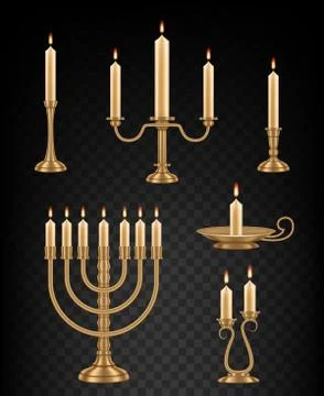 Candlestick with burning candles vector realistic set Stock Illustration
