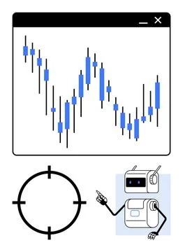 Candlestick Chart Analysis with Robot and Target Focus Metaphor for Precisi.. Stock Illustration