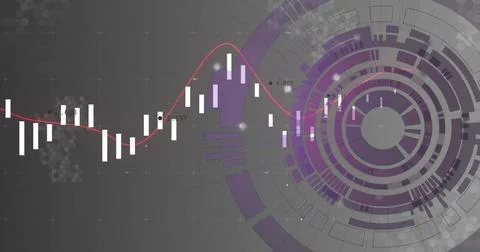 Candlestick chart and data visualization over abstract circular image Illustrazione stock