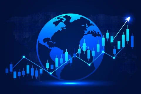 Candlestick Chart and Upward Arrow on Dark Blue World Map 스톡 일러스트