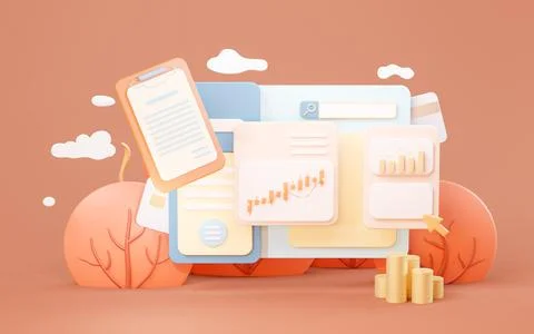 Candlestick chart and website page, 3d rendering. Stock Illustration