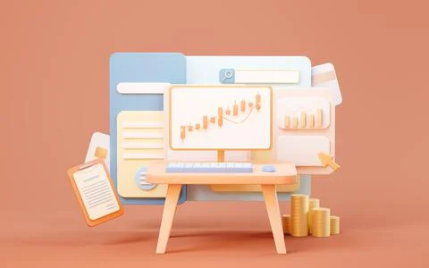 Candlestick chart and website page, 3d rendering. Stock Illustration