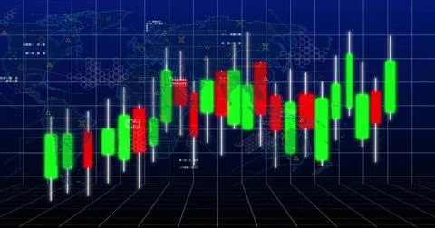 Candlestick chart animating on price tick, bars rising and falling, visualizing Illustrazione stock