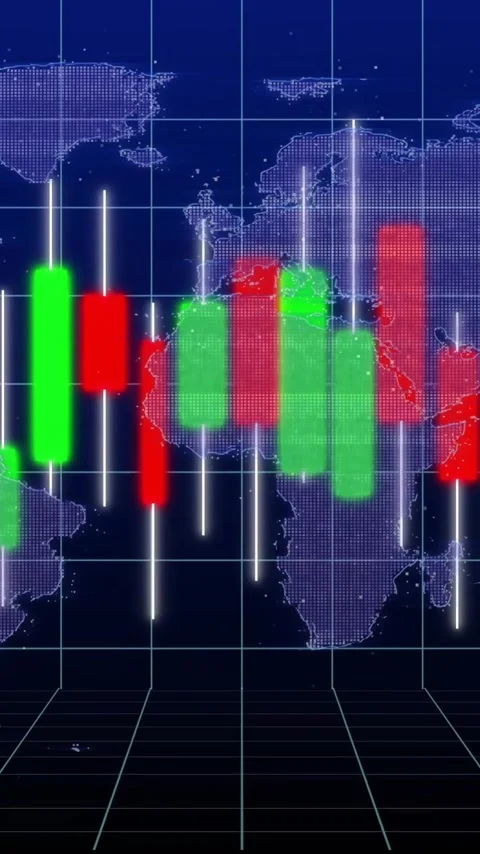 Candlestick chart animation over world map, depicting global financial data Stock Footage 319882981