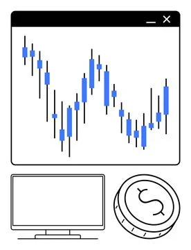 Candlestick chart in a browser window, computer monitor, and currency coin hi Stockillustratie