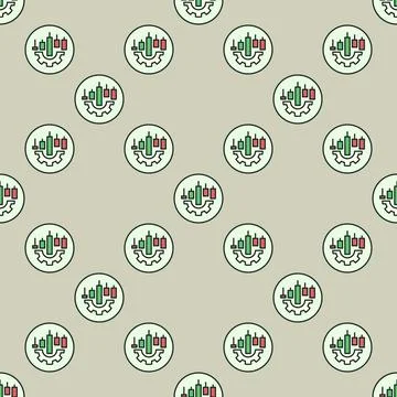 Candlestick Chart on Cog wheel vector colored round seamless pattern Stock Illustration