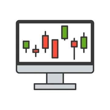 Candlestick chart on computer screen, data report or stock market icon concep Illustrazione stock